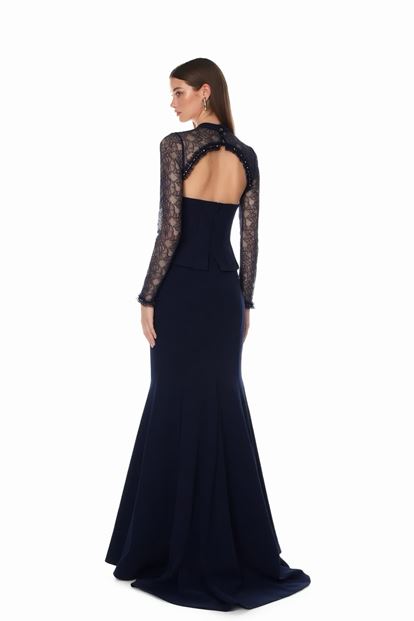 Lacivert Korse Detaylı Dantel Görünümlü Abiye Elbise